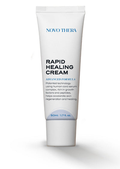Novo Thera Rapid Healing Cream bottle front reads advanced formula. Patented technology using human cord serum complex, rich in growth factors and peptides, helps accelerate skin regeneration and healing.