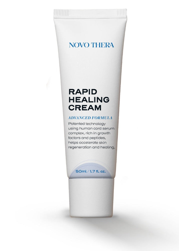 Novo Thera Rapid Healing Cream bottle front reads advanced formula. Patented technology using human cord serum complex, rich in growth factors and peptides, helps accelerate skin regeneration and healing.